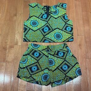 High Waist Patterned Shorts and crop top set Multicolor 100% cotton handmade